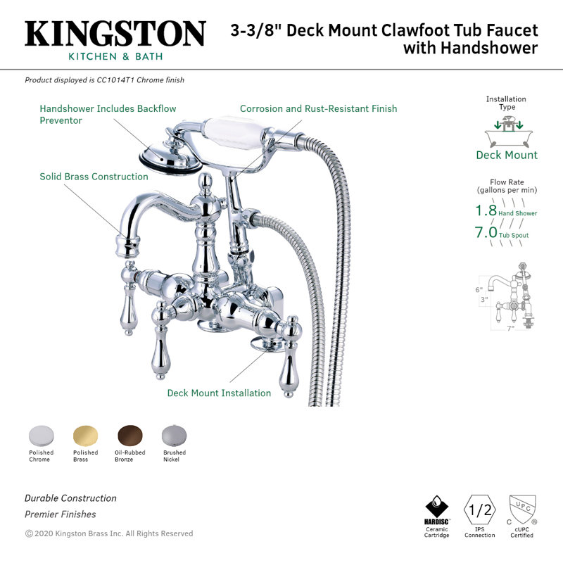 Robinet de baignoire sur pattes à 3 poignées et 2 poignées à fixation sur le comptoir avec douche à main Kingston