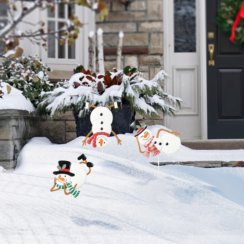 24"H Set Of 3 Christmas Metal Snowman Yard Stake Or Wall Decor(KD,Two Function)