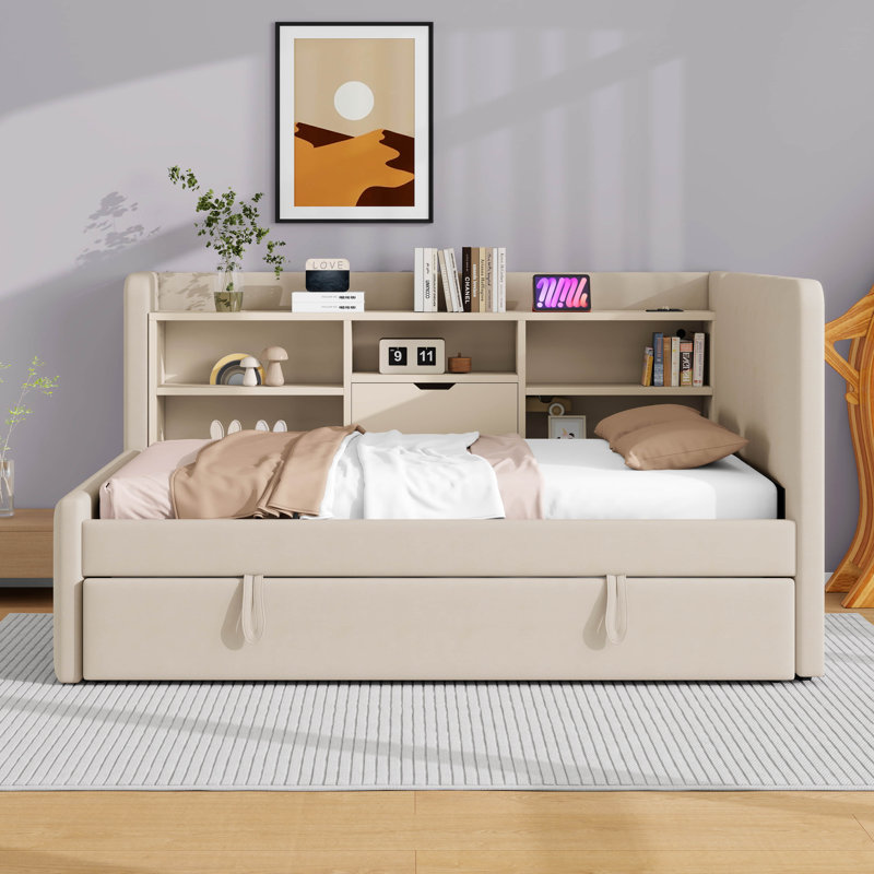 Lit plateforme tapissier simple avec port USB, prise de courant et lit gigogne, lit de jour avec tablettes, cadre de lit avec tête de lit et rangement