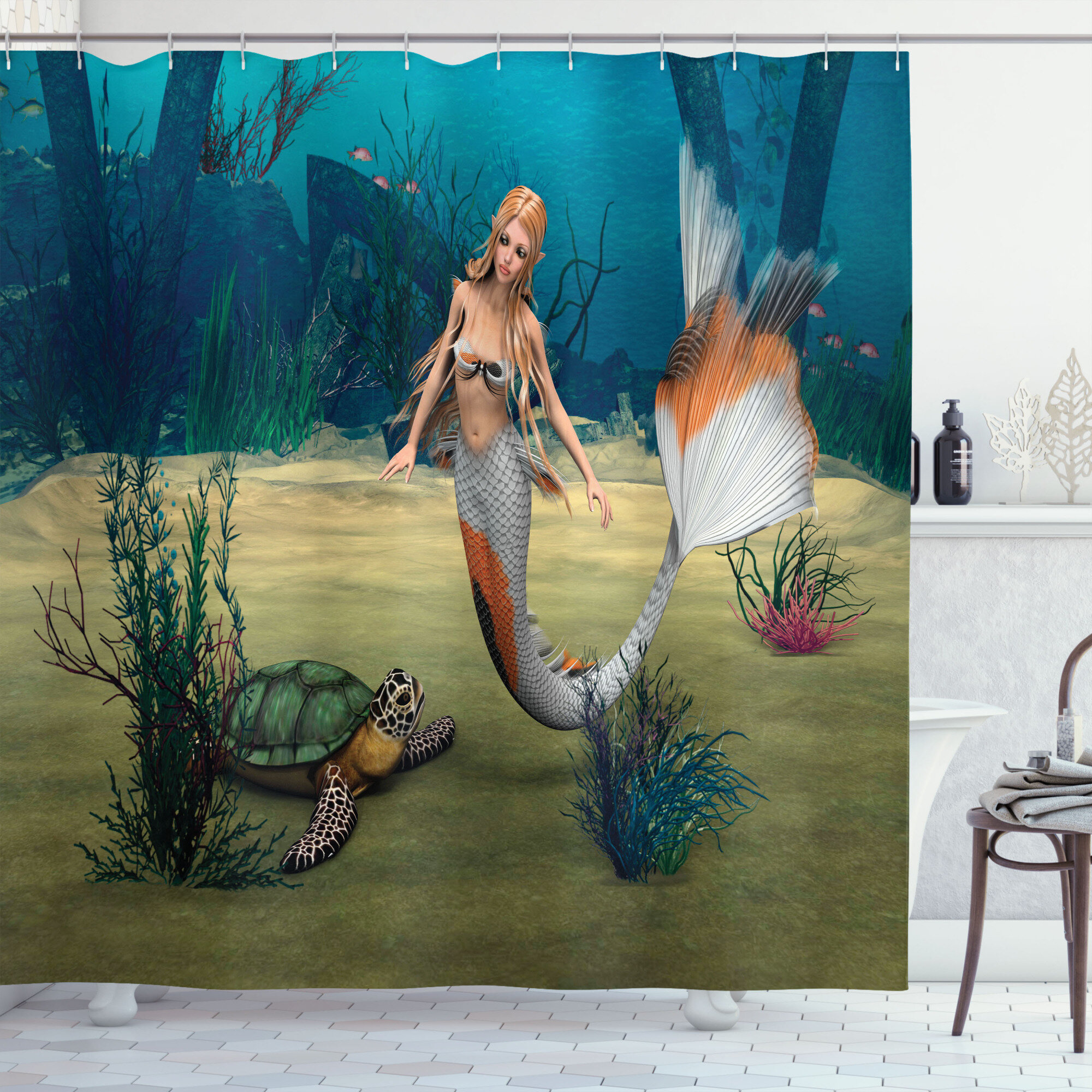 Mermaid Shower Curtain Set + Hooks East Urban Home Size: 84 H x 69 W