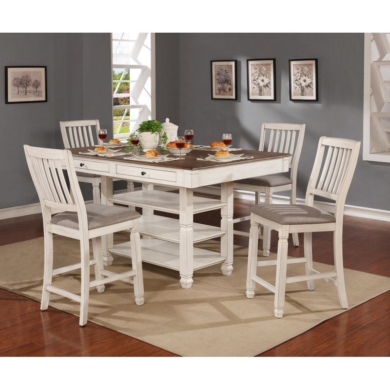 Ensemble de salle à manger à hauteur de comptoir blanc antique Orduna, Ensemble de cinq pièces : table, quatre chaises