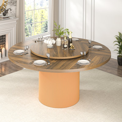 Table de salle à manger ronde de 55 pouces pour 4 à 6 personnes, table de cuisine moderne en bois avec piédestal cylindrique cannelé, grande table de salle à manger épaissie pour la cuisine, le salon, le petit appartement (rotation à 360 °)