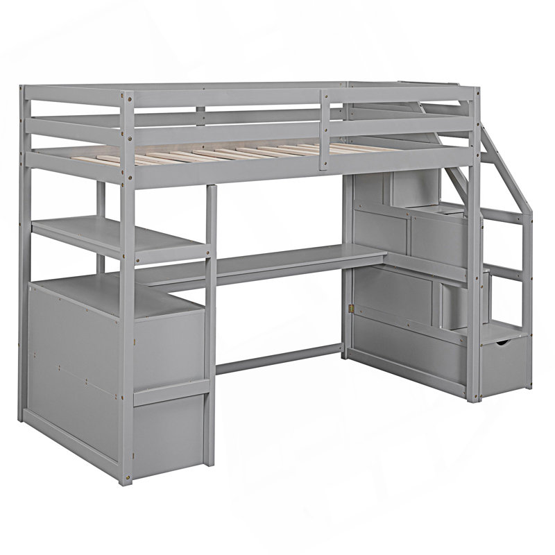 Lit mezzanine simple avec bureau et tablettes, deux tiroirs intégrés, escalier de rangement, gris