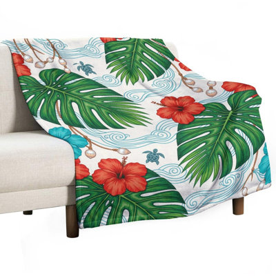 Jeté en hibiscus tropical avec feuilles en flanelle de luxe Monstera, couverture douce et douce pour le canapé du salon