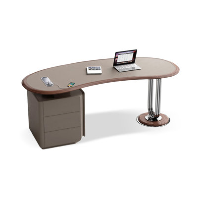 Light-coffee Gray Curved Manufactured Wood Faux Leather Stainless Steel with 3 drawers desk