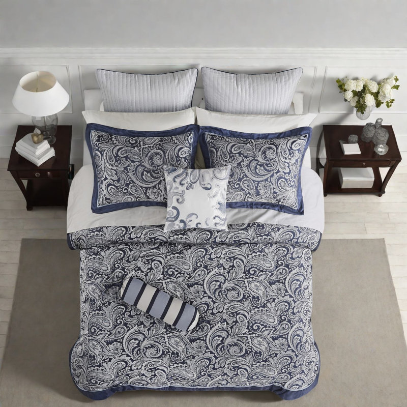 Ensemble complet de literie pour grand lit, draps en coton, motif cachemire bleu marine moderne pour la maison