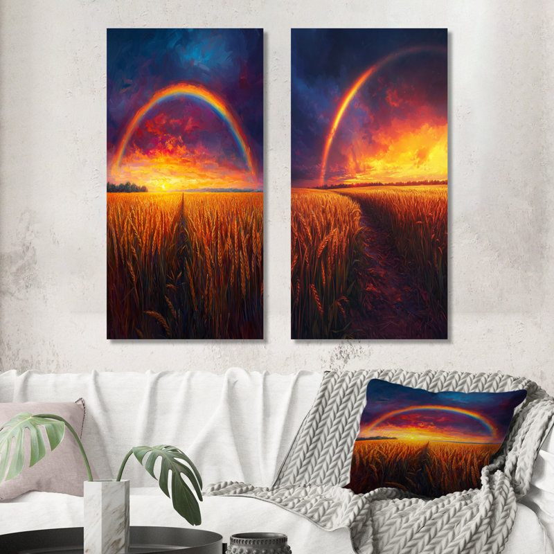 Rainbow Over The Wheat Fields At Sunset I - Collection d'art sur toile 2 panneaux, H 28 po x l 25 po, Toile tendue