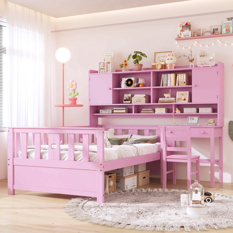 Twin Size Multifunctional Wood Platform Bed With Bookshelf At The Head Of The Bed, Built-In Desk And Matching Chair, Pink