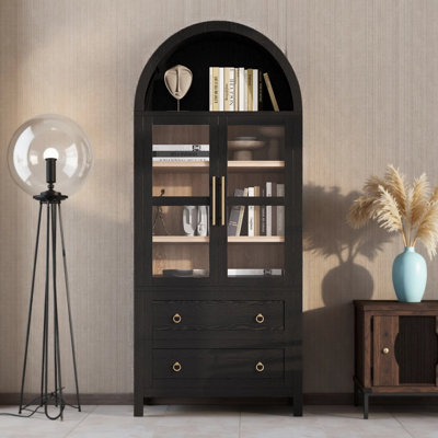 Tall Arched Top Cabinet Bookcase with Glass Doors and Drawers for Kitchen, Workspace