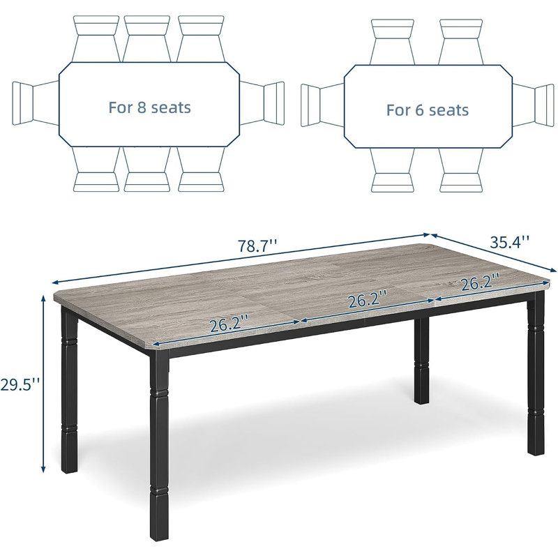 Table de salle à manger industrielle moderne 79 po pour 6-8 personnes, plateau en bois épais et structure en métal robuste