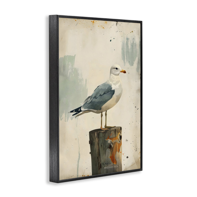 Mouette sur giclée sur poteau, design par LSR Creative Studio, H 18 po x l 12 po, Giclée encadrée noir minuit