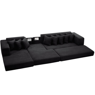 New Arrived Oversize Cloud L-Shape Modular Convertible, 3 Seat Corduroy Black Bed Floor Sleeper With 8 Pillows, No Assembly, Side Pocket, Left Facing For Small Spaces Arrival Living Area