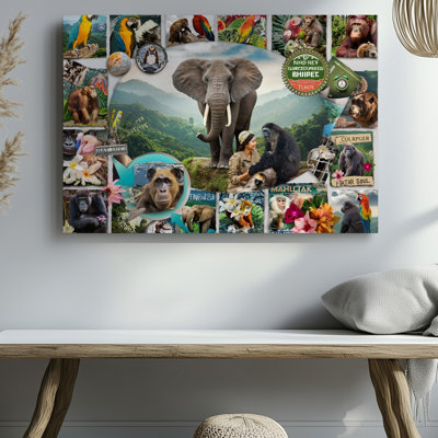 Reproduction d'art sur toile, "Un collage vibrant" mettant en vedette un tableau diversifié de la faune et des éléments de la nature, y compris un grand éléphant au centre