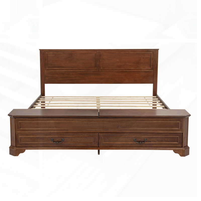 Grand lit de style campagnard avec tête de lit, banc de rangement et cadre renforcé, pour une élégance et une fonctionnalité rustiques
