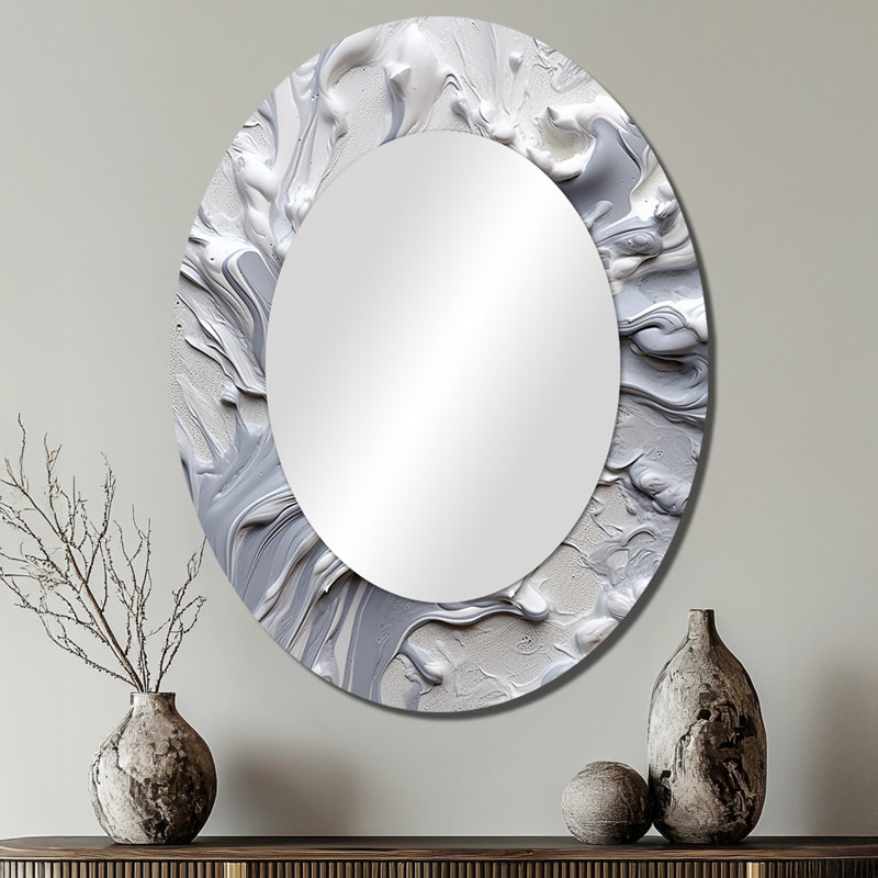 Grey And Cream Harmony In Chaos II - Large Oval Wall Mirror On Metal, 40" x 30"