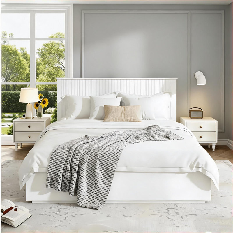 Structure de lit grand format hybride en bois massif blanc pour chambre résidentielle, style contemporain