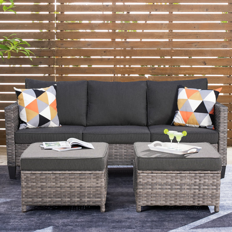 Allcot 3 - Person Wicker Rattan Outdoor Seating Group with Pillows, Cushions and Ottomans, All Weather High Back Conversation Set for Garden Backyard