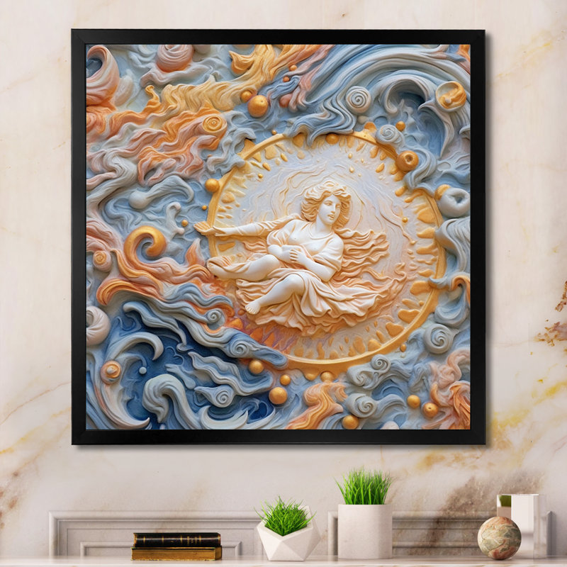 Crème astrologie nébuleuse marbre VI - formes abstraites, impression sur toile, Cadre simple noir, H 16 po x l 16 po x P 1 po