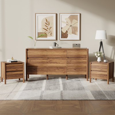 3 Piece Bedroom Set，9-drawer Dresser And 2 Nightstands, Brown