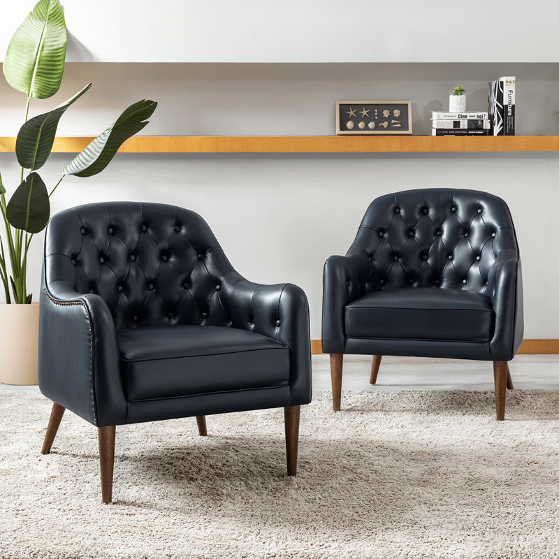 Meiyi 28.5" Wide Genuine Leather Barrel Chair Set of 2, Navy Genuine Leather