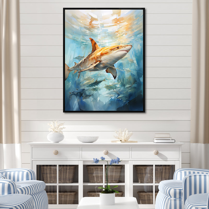 Voile d'aquarelle bleu et beige sur toile, L 24 po x H 32 po, Cadre flottant noir