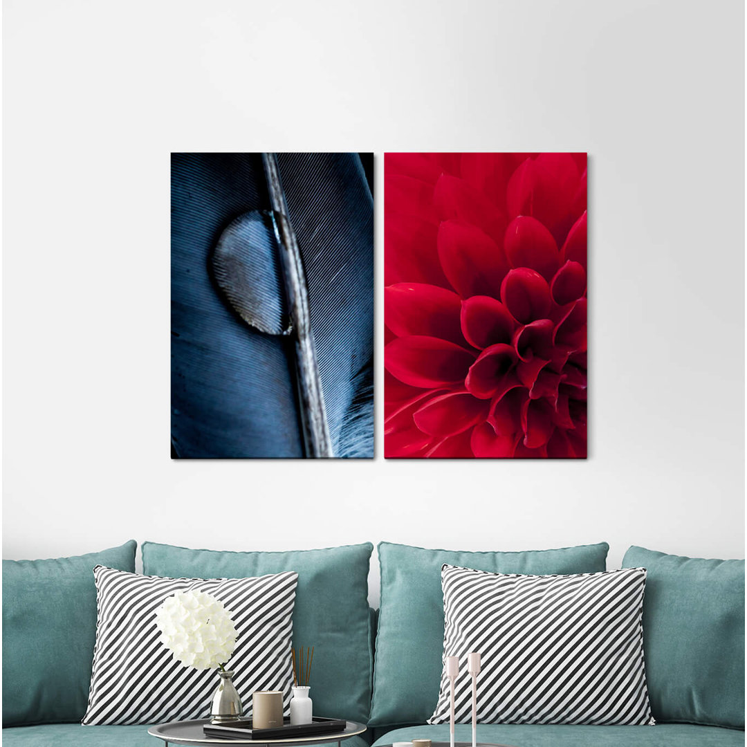 2-tlg. Leinwandbilder-Set - Fotografie „Dahlia Red Flower Drop Feather Calming”