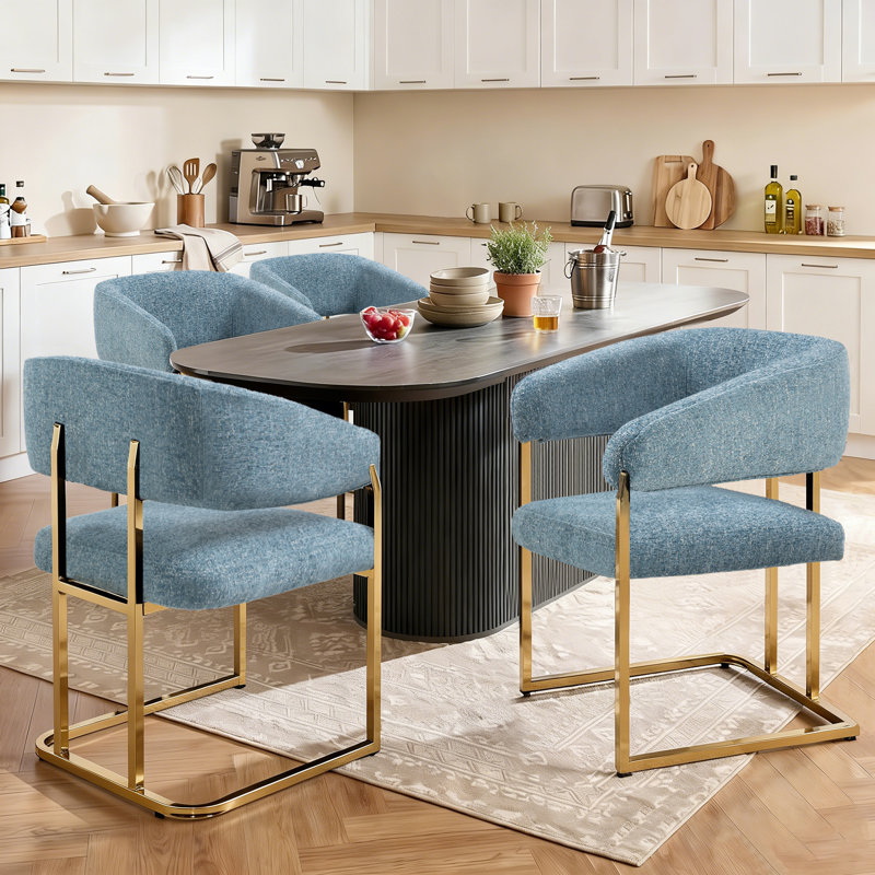 	 Modern 22" Seat Wide Metal Frame Chenille Upholstered Armchair Dining Chair Set of 4 (Blue), Blue