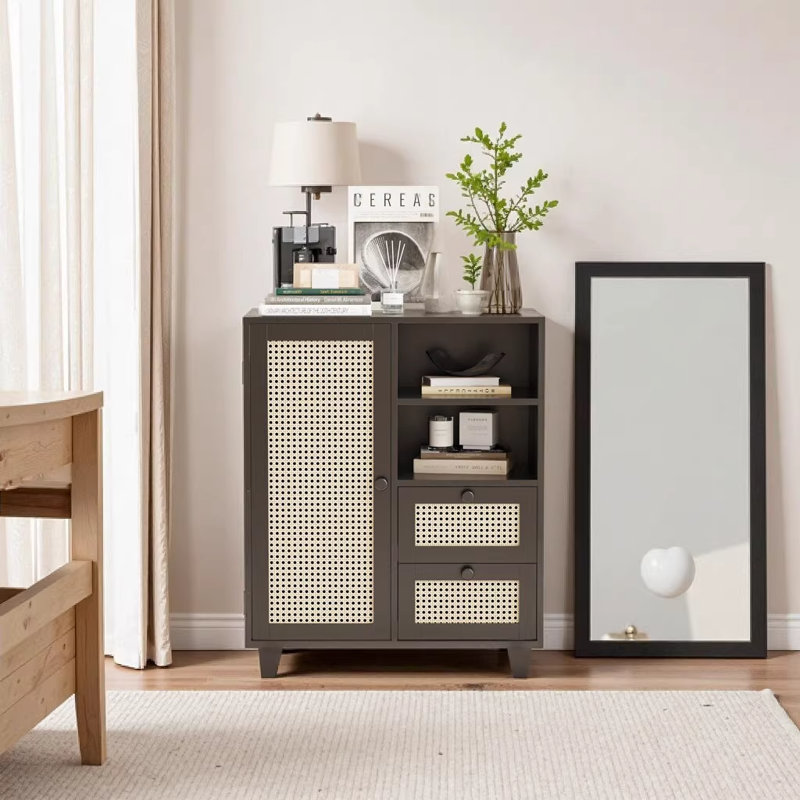 Rattan Buffet Cabinet with Adjustable Shelf & Drawers - 27.5" Sideboard for Living Room, Kitchen, Entryway Storage in Black