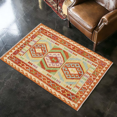 Tapis rouille / bleu / or / beige en laine noué à la main à motif marocain 3 pi 5 po x 4 pi 11 po Susan