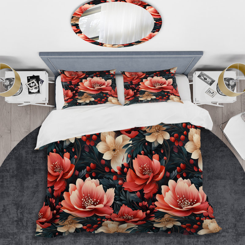 Ensemble de housse de couette Red Mystic Aura Floral Fusion I - Floral, Housse de couette pour grand lit et 2 taies décor
