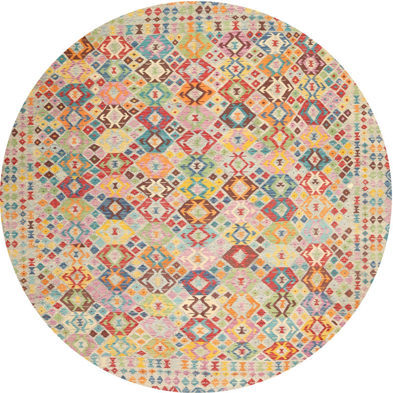 Tapis géométrique jaune / orange / rouge, Rond 3 pi