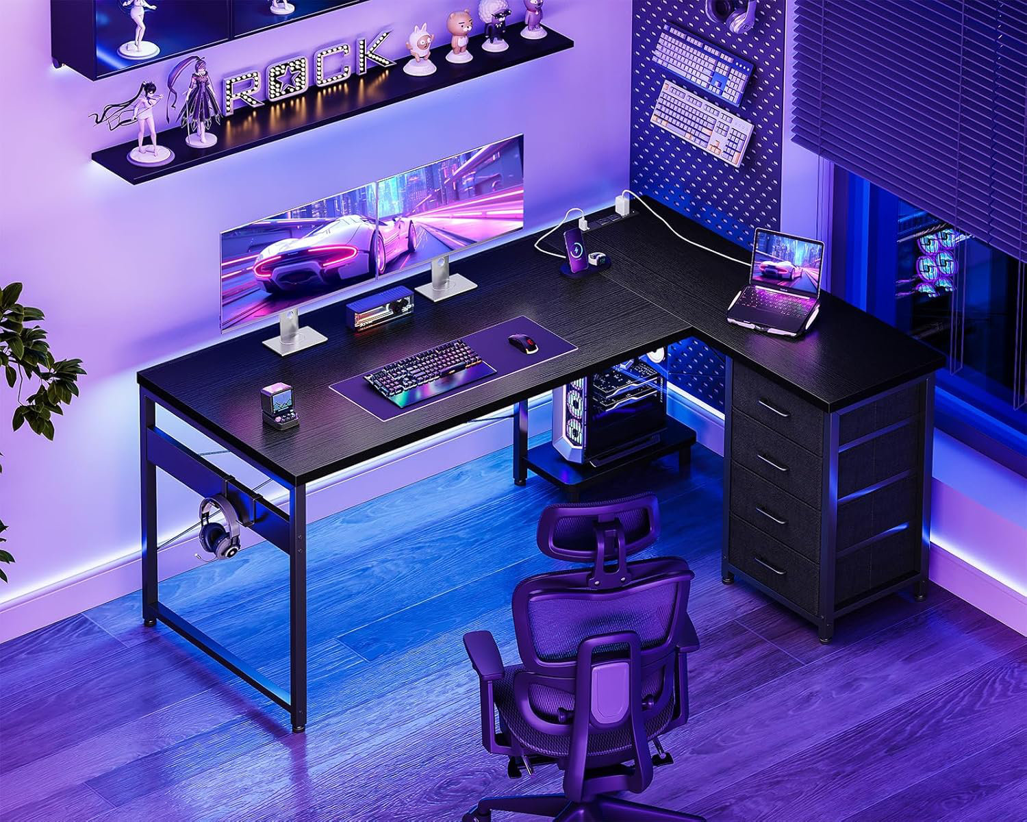 17 Stories Reversible L-Shaped Gaming Desk With 4 Drawers, Power ...