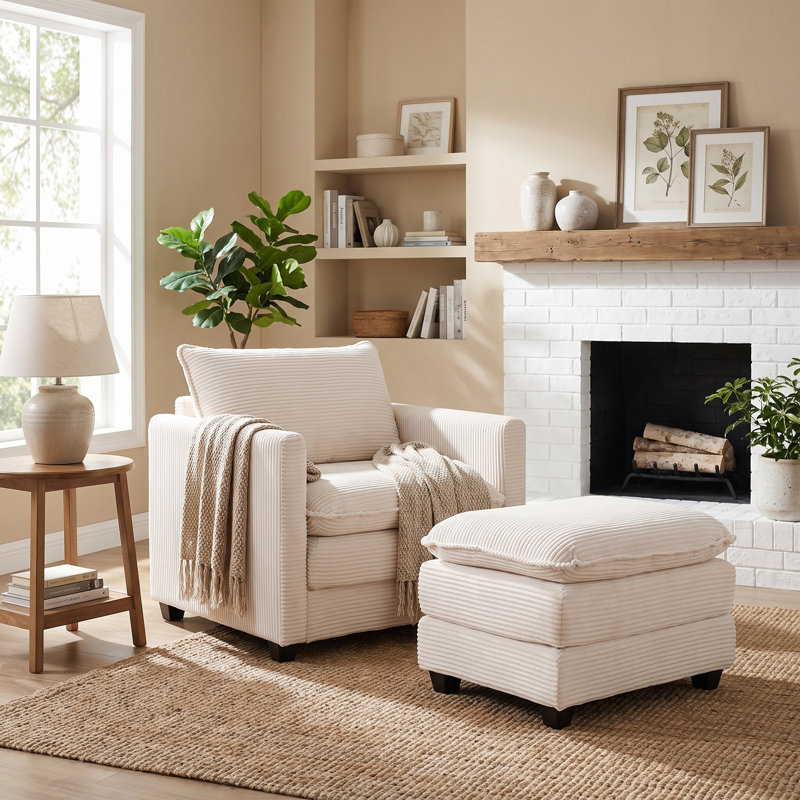 Fauteuil d'appoint en velours côtelé avec repose-pieds, Beige