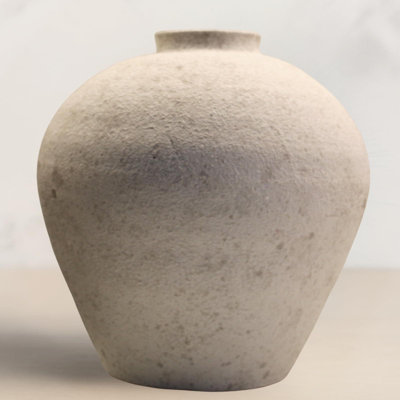 Handmade Large Round Ceramic Vase For Centerpieces, Distressed Stone Look Finish, Rustic Farmhouse Decor, Earthy Aesthetic Home Decor, 9 Inch
