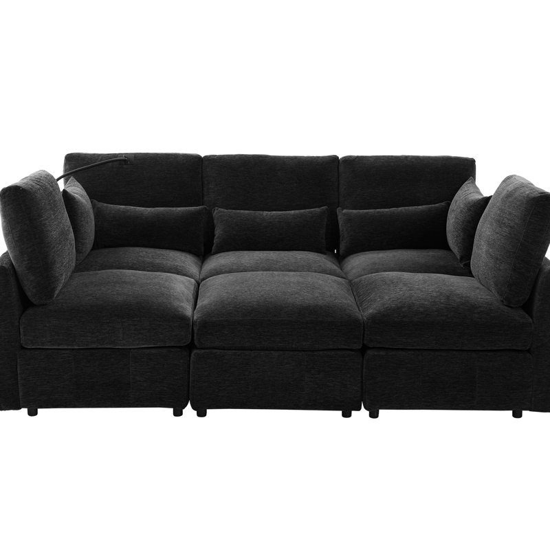 Black Chenille 85.4" Sectional With Movable , Two Charging Ports, Phone Holder, And Soft Seating Experience Multi - Functional L Shaped Modular Built In Comfortable Lumbar Support Material