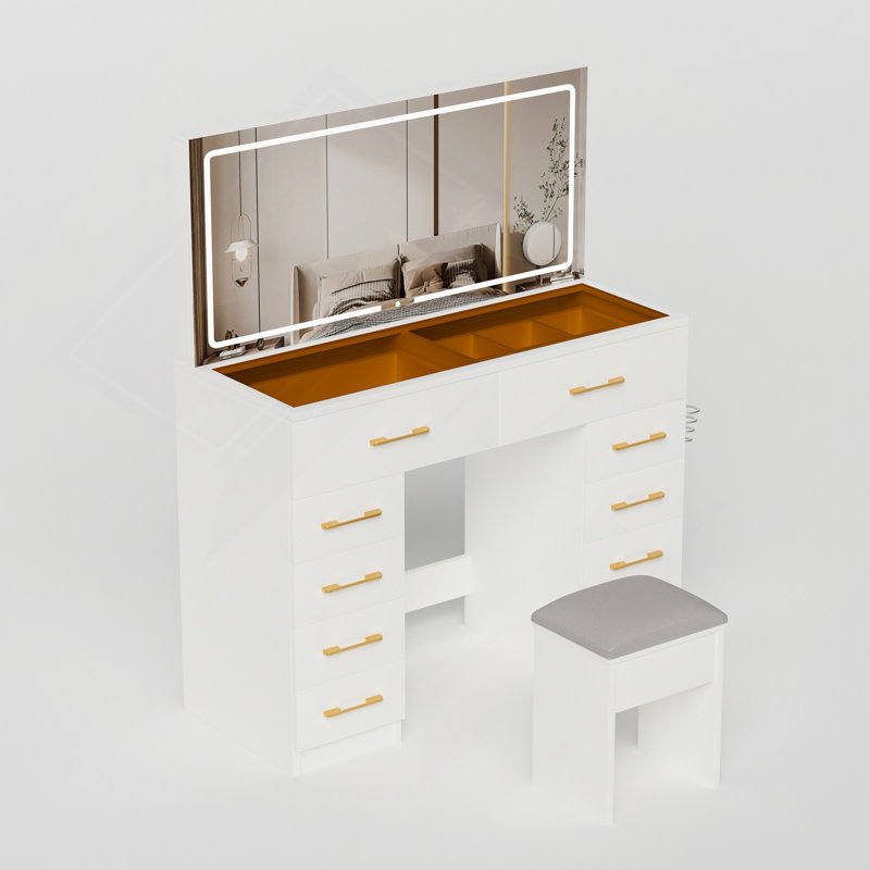 Meuble-lavabo de 46 po avec comptoir de maquillage à 10 tiroirs avec miroir et tabouret de 46 po avec coiffeuse, 3 modes d'éclairage, prise de courant, glissières silencieuses, grand meuble-lavabo blanc pour la chambre à coucher
