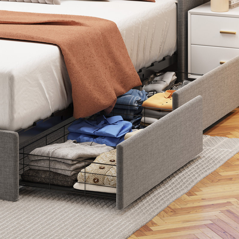 Light Grey Full Upholstered Bed with LED Headboard and Storage Drawers