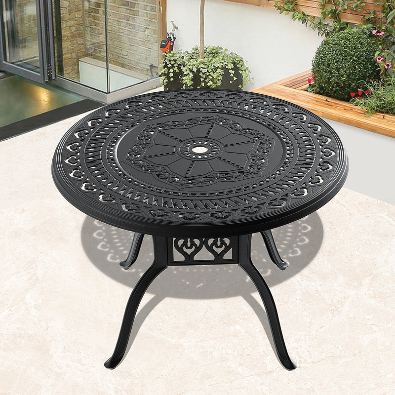 Table de salle à manger 39,37 pouces en fonte d'aluminium avec structure noire et trou pour parasol