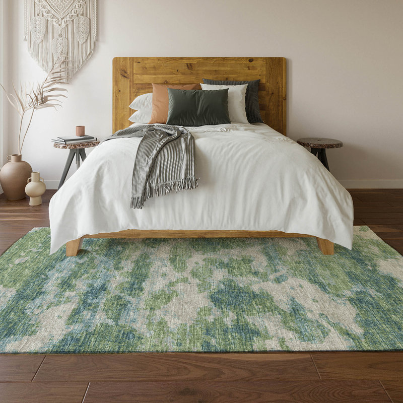Premium Machine Washable Green and Blue Chenille Rug, 5' x 7'