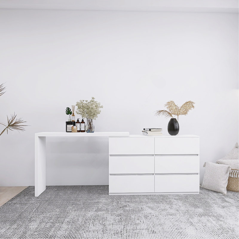 Extended Desktop 6 Drawers Chest Of Drawer Without Handle White Colour Vanity