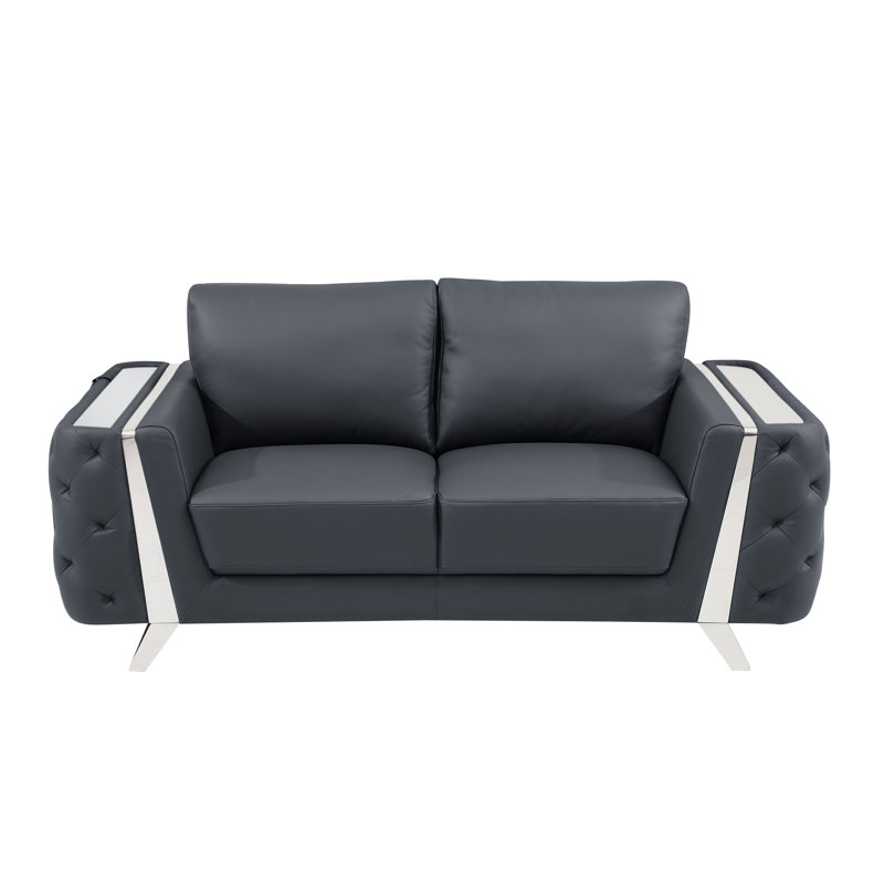Anissa Genuine Italian Leather Loveseat, Dark Gray, Chrome