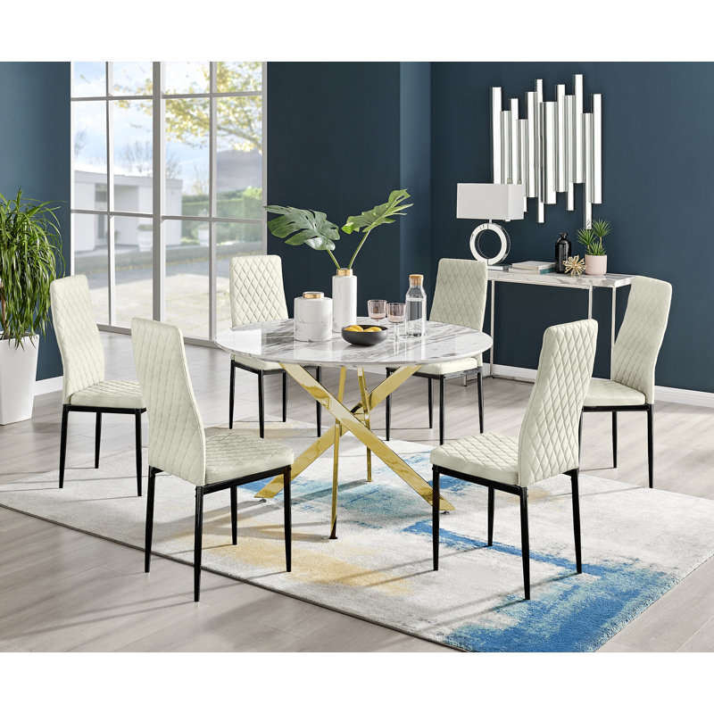Tierra Modern Chrome Metal & Marble Effect Round Dining Table Set with 6 Quilted Velvet Dining Chairs, Gold, Black/Gold