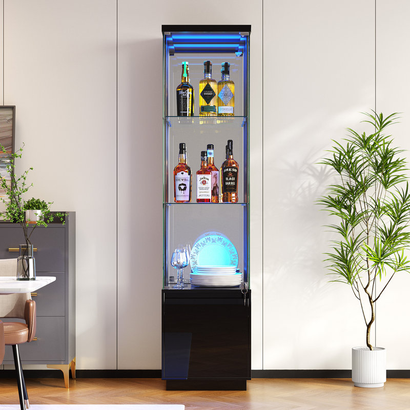 Cave à vin de 165 cm de haut avec éclairage DEL tricolore et vitrine verrouillable., Noir