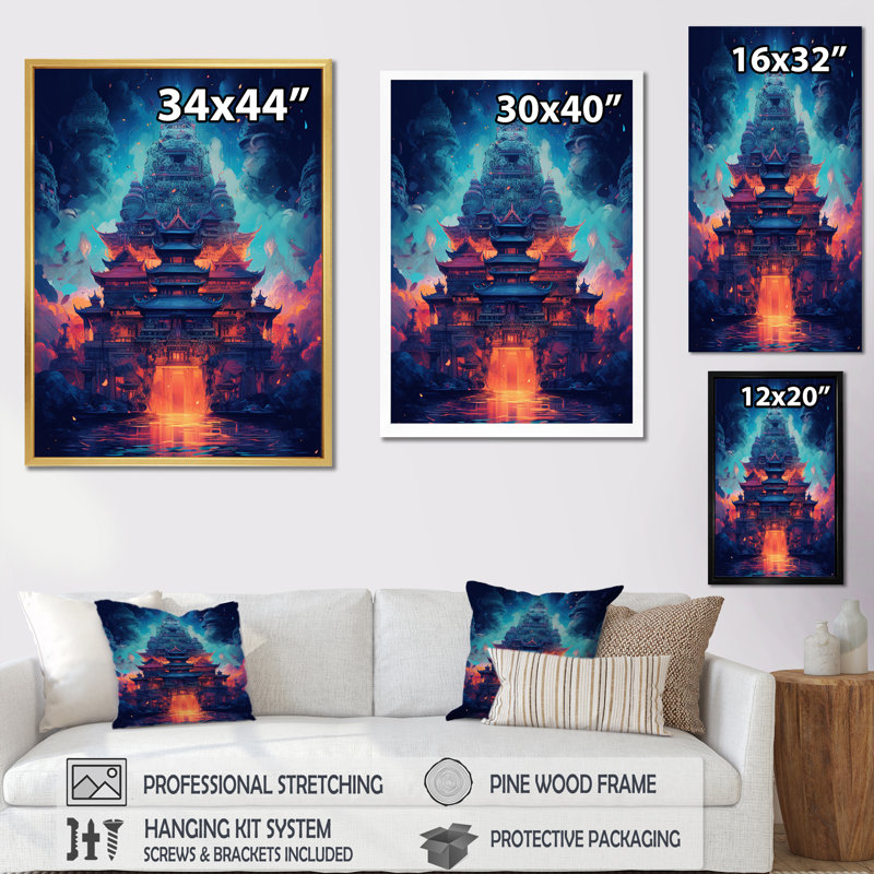 " Magical Buddhist Temple Dreamscape ", 32" H x 24" W x 1" D, Silver Single Picture Framed