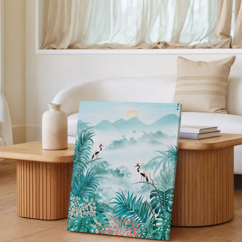 Toile, paysage tropical serein avec verdure luxuriante et flore vibrante, art mural avec deux oiseaux élégamment posés