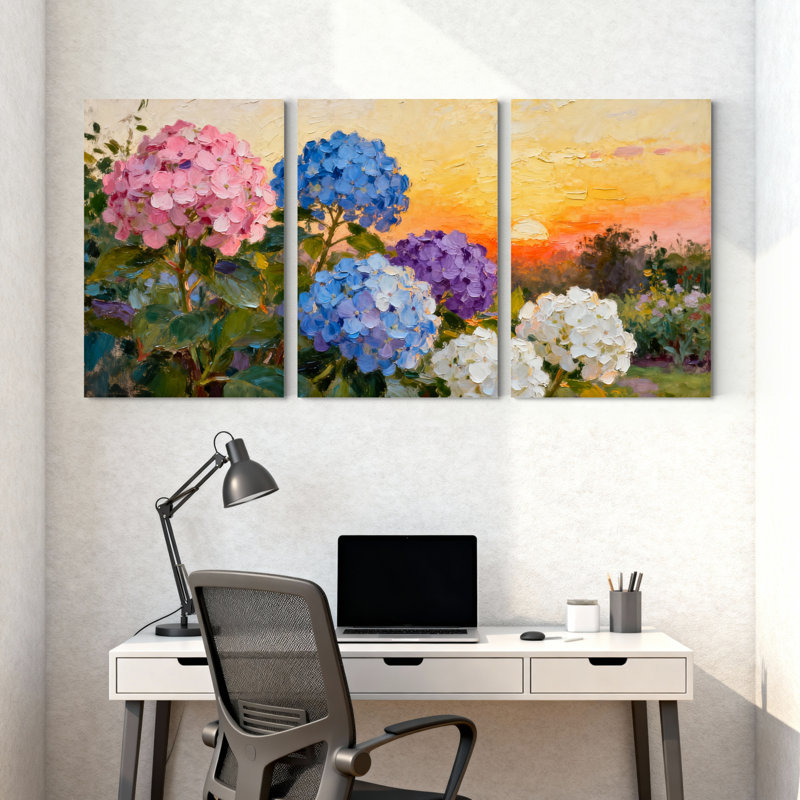 Ensemble de 3 tableaux muraux sur toile à motifs floraux d'hortensias, pour salon, chambre à coucher et décoration intérieure.