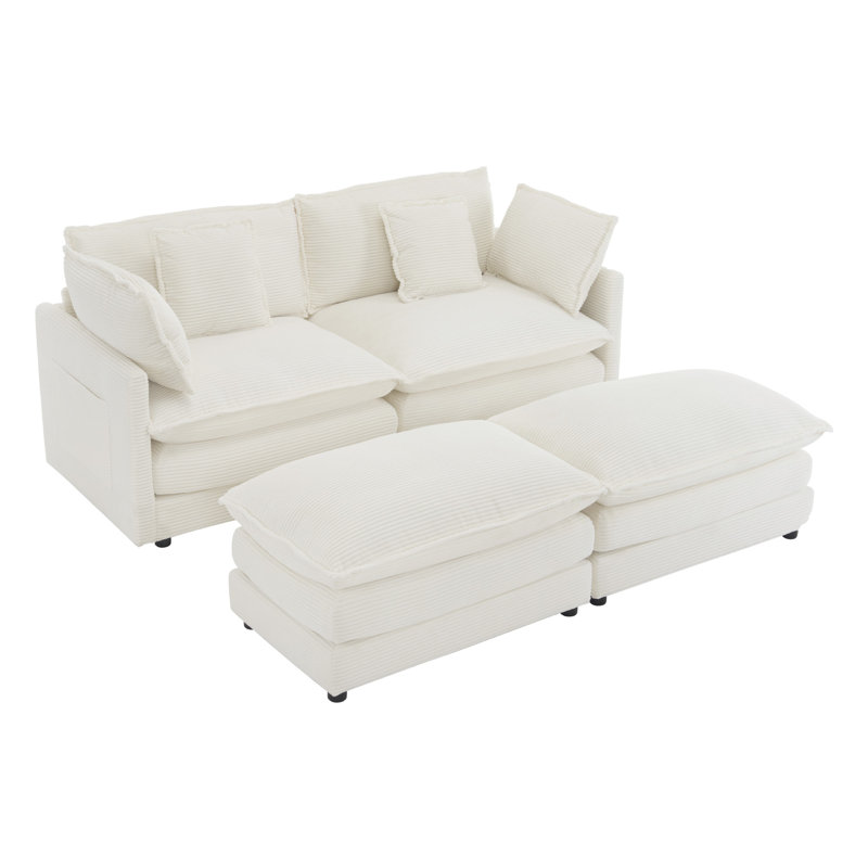 Canapé modulaire moderne avec poches de rangement latérales Russell, Velours côtelé beige, H 35,4 po x l 75,6 po x P 57,1 po