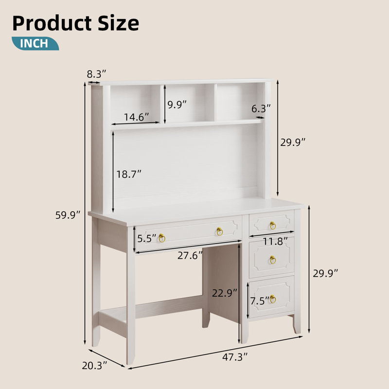White Desk with Hutch, 47" Home Office Desk with Drawers, Executive Desk for Home Office, White and Gold Desk