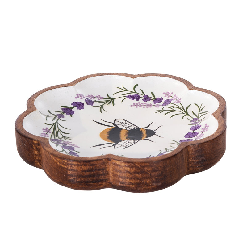Plateau décoratif en bois avec motif floral guirlande et bourdon lavande