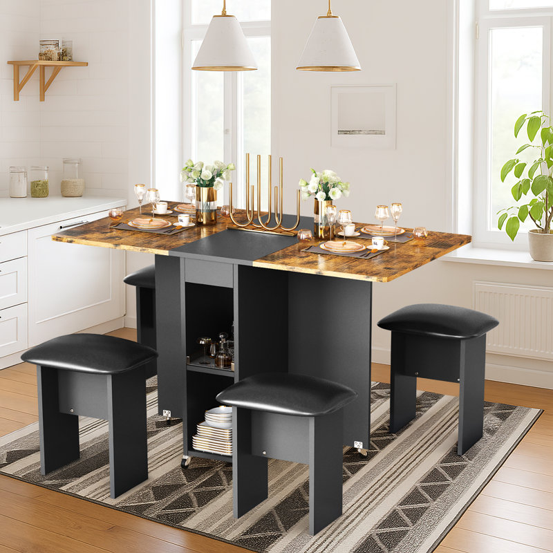 The Movable Multi-functional Folding Dining Table And Chairs Set, A Wood-grain Tabletop Combined With A Embossed Table And Cabinet, Four Pu Cushioned Stools Can Be Tucked Into The Table, A Super Space-saving Four-piece Set Of Tables And Chairs